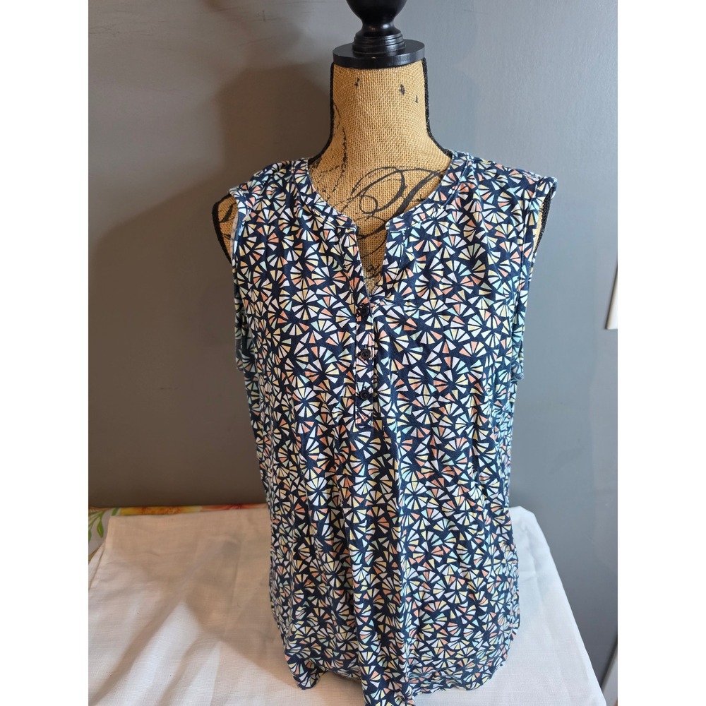 Liz Claiborne Womens XXL Sleeveless Henley Blouse Geometric Mosaic Print Navy
